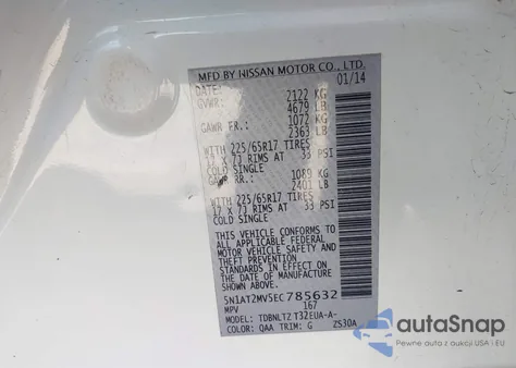 2014 Nissan Rogue Sv z USA, uszkodzony, nr VIN 5N1AT2MV5EC785632